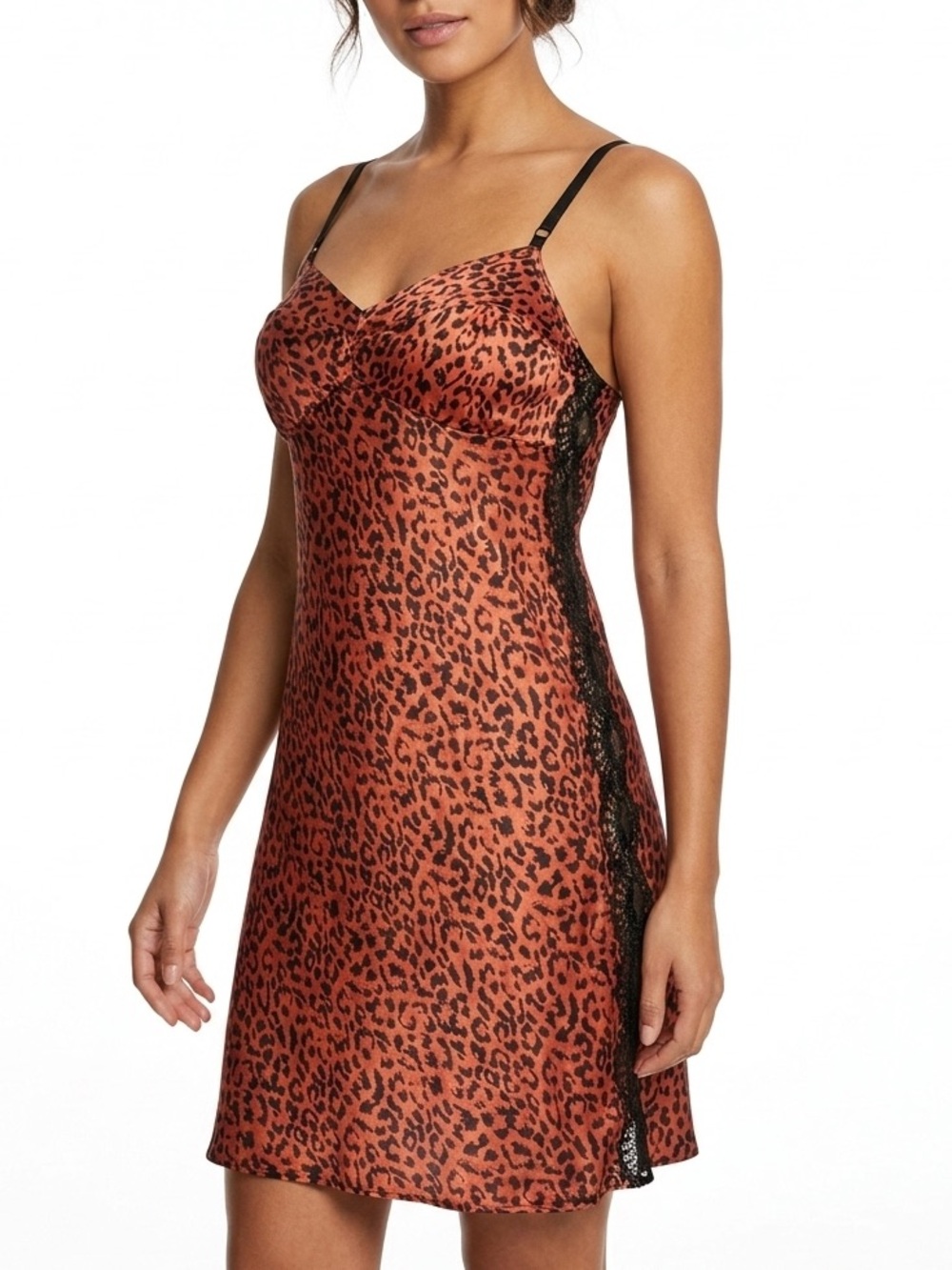 Victorias Secret Animal Print Satin Lace Trim Slip Dress Chemise Lingerie Size M